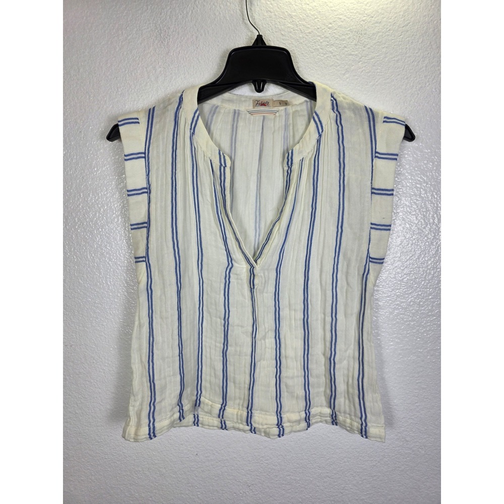 Faherty Womens Organic Cotton Gauze Striped Sleeveless V-Neck‎ Top Blue White S